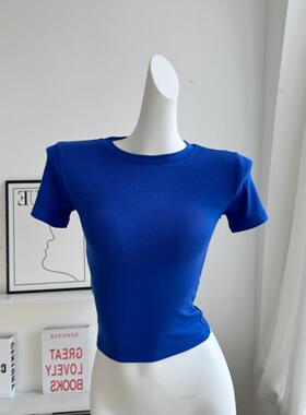 宝石蓝薄款圆领爵士舞女微透视纯色紧身弹力短袖t恤修身舞蹈上衣