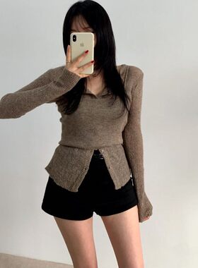 韩国女装休闲简约针织衫套装个性叠穿修身短吊带长袖开衫两件套