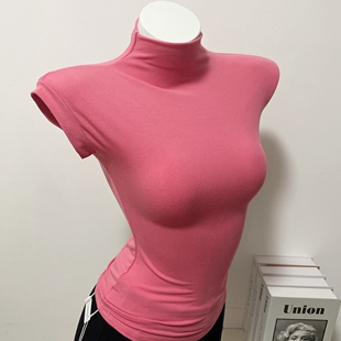 纯欲～高级感半高领无袖背心女收腰T恤夏纯色打底衫内搭粉色上衣
