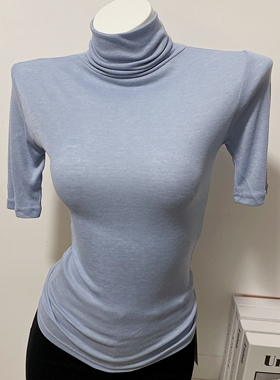 Ju美雾蓝色！薄款透视短袖T恤女ins韩国修身高领打底衫内搭2022新