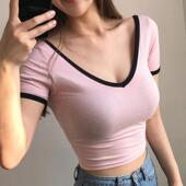 51STUDIO自制 T恤 显身材女人味露腰短袖 值得入 YY210洋气撞色V领