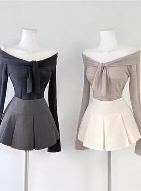 现货~51STUDIO自制纯欲风气质女人味露锁骨系带修身针织衫（2色）