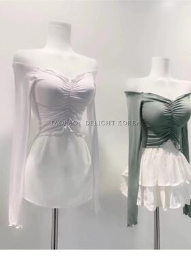 51STUDIO自制 纯情性感一字肩显胸褶皱紧身带胸垫长袖T恤（4色）