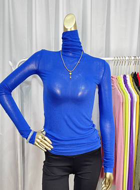 宝蓝色高领打底衫女内搭秋冬季2025新款修身长袖堆堆领上衣