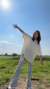 2026夏新款宽松T恤薄低领大版宽松短袖雪花棉全棉男朋友T下衣失踪