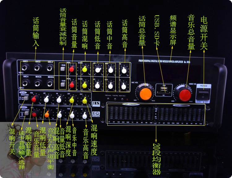 800W卡拉OK功放机专业KTV20段调音台家用大功率卡包落地音响功放