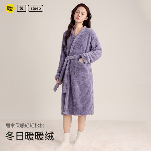 秋冬加绒加厚法兰绒女士长款睡衣