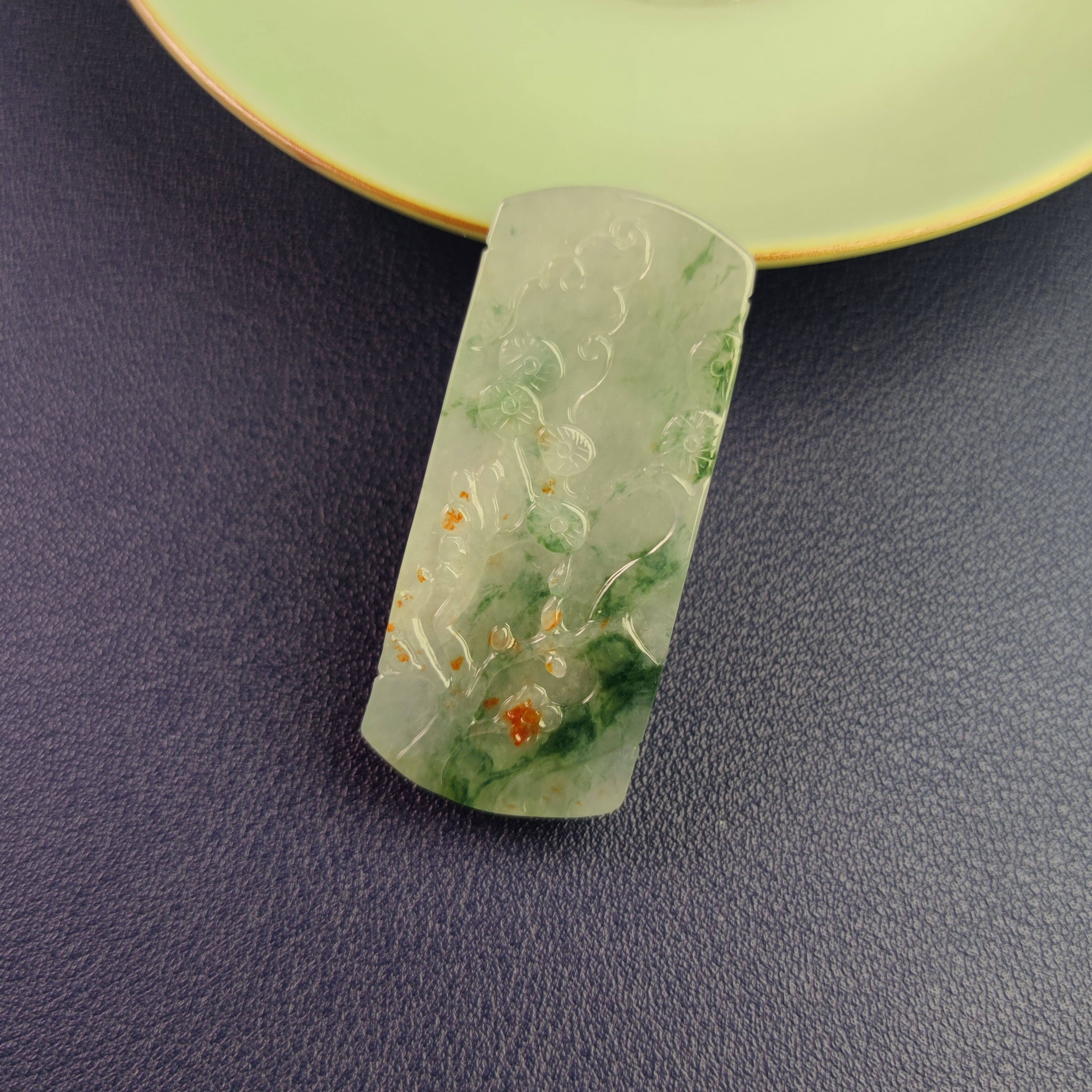 缅甸天然翡翠A货糯化种飘花洒金特色梅花牌子花开五福吊坠带证书