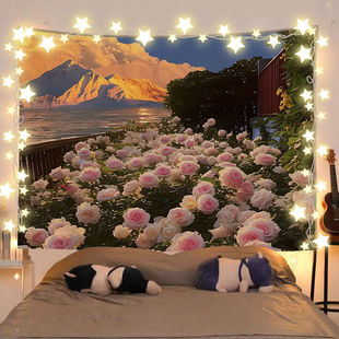 唯美治愈系 花海 插画ins风出租屋房间床头改造背景布墙布挂布