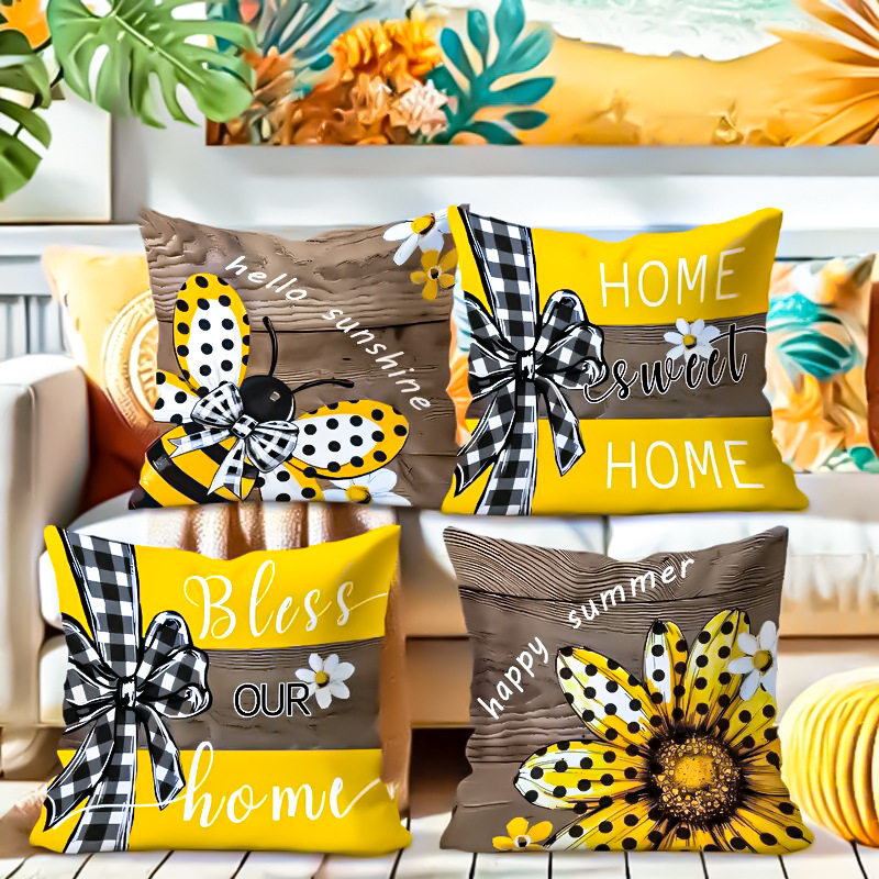 跨境4件套春季系列抱枕 黄色蜜蜂向日葵印花靠枕套家居装饰抱枕套