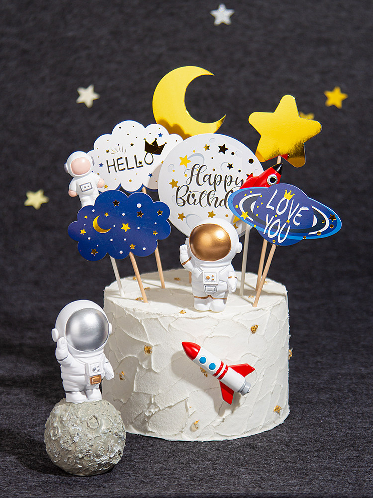 蛋糕装饰 金银色太空宇航员摆件 小男孩宇宙飞船生日派对布置插牌