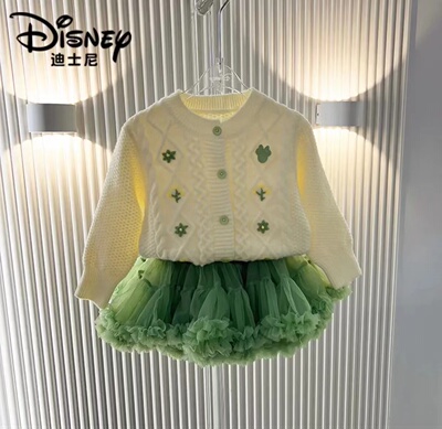 Disney迪士尼童装女童秋款花卉针织上衣套装女孩突突裙潮