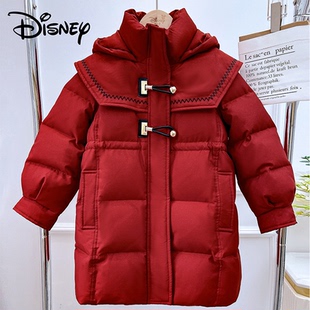 Disney迪士尼红色女童冬季加厚羽绒服年服中长款保暖外套女孩