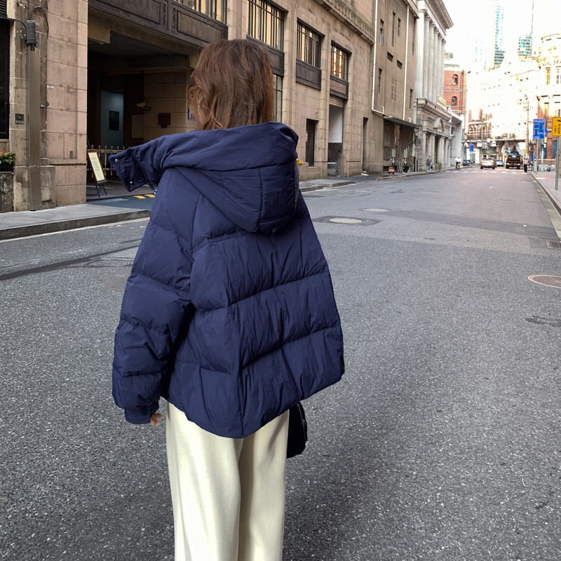 藏青色格纹拼接连帽短款羽绒服女冬季2025年新款韩系chic保暖外套,女装羽绒服,2B080