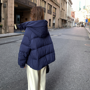 藏青色格纹拼接连帽短款羽绒服女冬季2025年新款韩系chic保暖外套图片