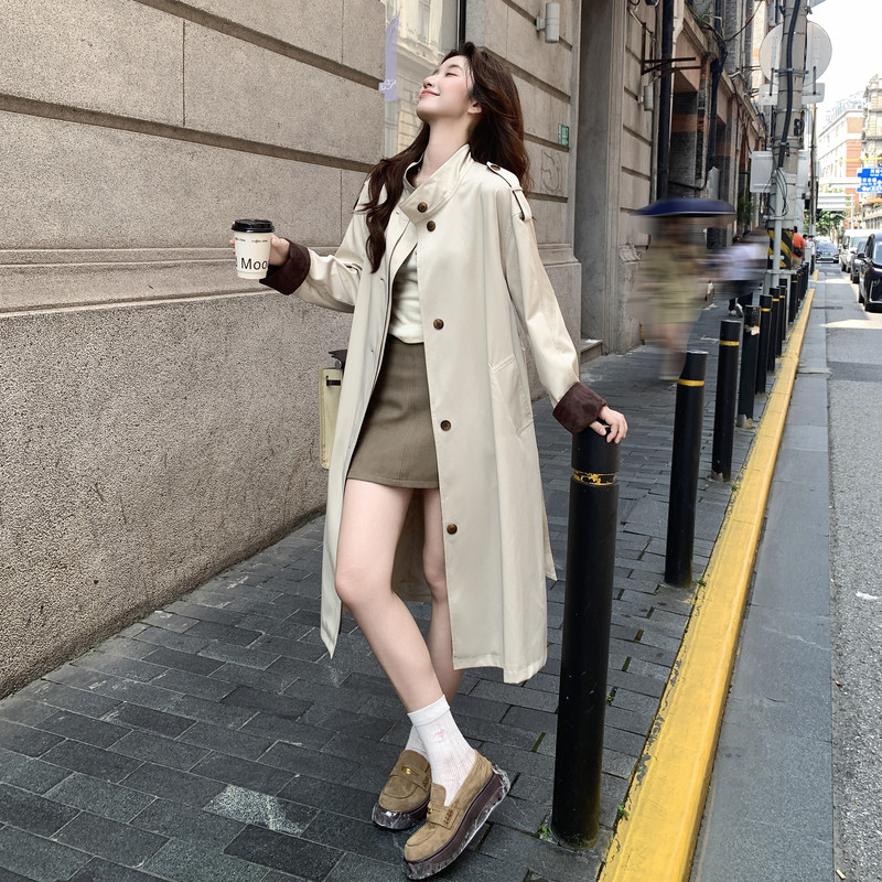 新款米白色风衣撞色外套双色057-9160p190k278,女装风衣,2B080