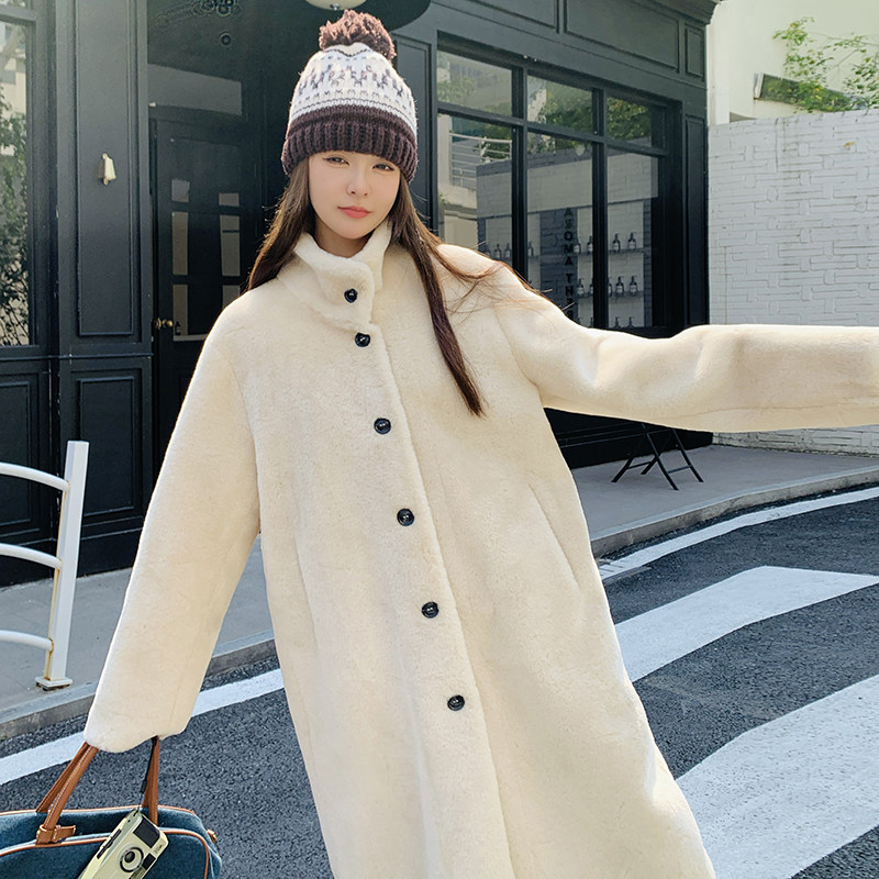 甜美风宽松立领中长款呢外套女2025冬季新款米白色双面呢保暖大衣,女装毛呢外套,2B080