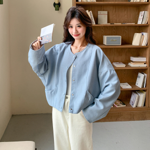 袖口撞色蓝色短外套上衣 057-9109p130k188图片