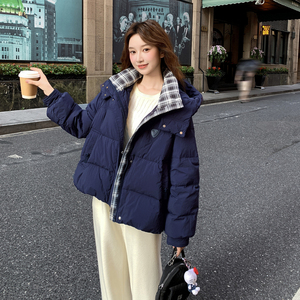 藏青色格纹拼接连帽短款羽绒服女冬季2025年新款韩系chic保暖外套图片