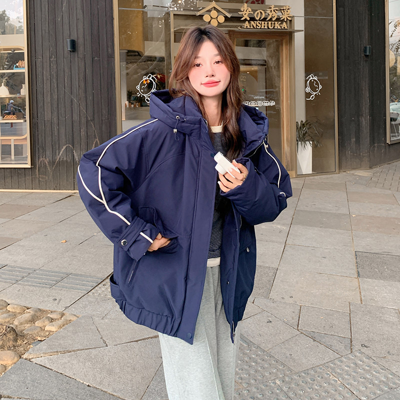 超好看蓝色连帽冲锋衣羽绒服冬女2025高级小众加厚保暖派克服外套,女装羽绒服,2B080