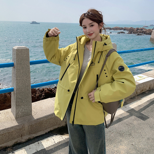 蓝色格子拼接时尚连帽羽绒服女2025年冬季新款90白鸭绒保暖面包服图片