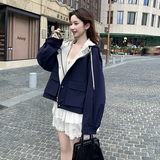 新款藏青色撞色宽松外套上衣双色057-9159p165k248，女装短外套，唯尔萱