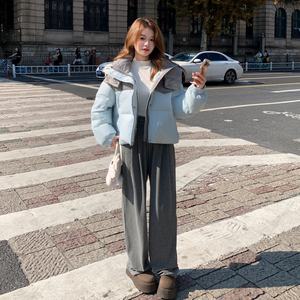 撞色拼接羽绒服女2025冬季新款韩版宽松学院风连帽小个子加厚外套图片