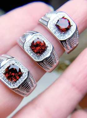 新款男戒天然石榴石圆形宽版男款活口戒s925银精工镶嵌日常百搭款