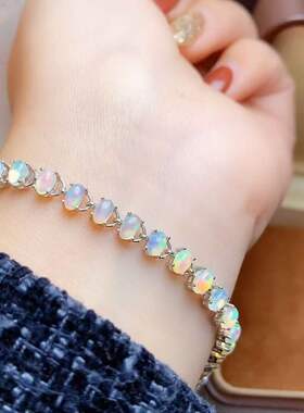 简单爪镶多粒手链s925银镶嵌天然欧泊女士手饰精致百搭满镶款