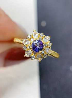 新款戒指s925银镶嵌天然坦桑石圆形活口食指戒豪华围钻百搭款