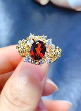 豪华繁花款戒指s925银镶嵌天然石榴石椭圆6*8活口女食指戒