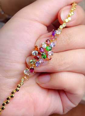 多宝手链s925银镶嵌天然水晶透辉石坦桑石橄榄女多粒彩宝手链