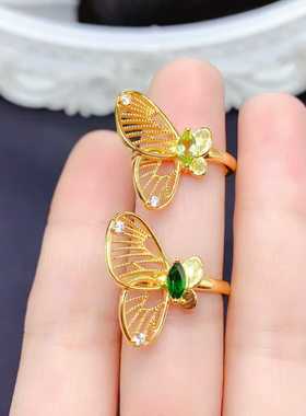 新款戒指s925银镶嵌天然橄榄石透辉石马眼形蝴蝶款活口女士戒指