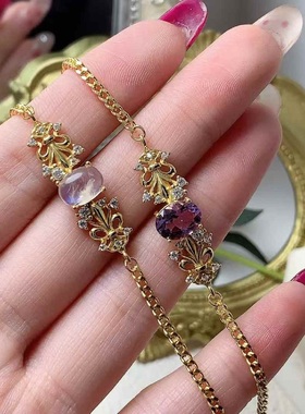 新款彩宝手链s925银镶嵌天然蓝月光紫水晶单颗椭圆手饰个性百搭