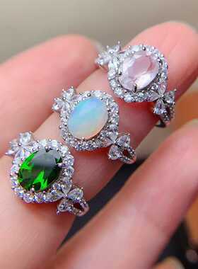 彩宝首饰925银镶嵌天然透辉石欧泊刻面粉晶围钻活口女戒指豪华款