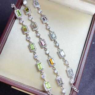 新款手链s925银镶嵌天然海蓝宝碧玺橄榄石长方3*5围钻百搭款手饰