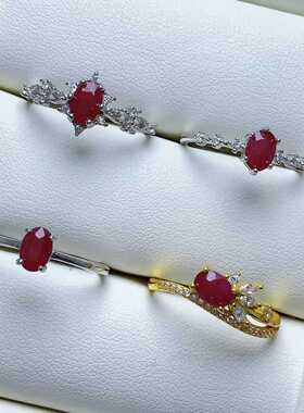 新款宝石戒指925银镶嵌天然红宝石活口可调女戒椭圆4*6日常百搭款