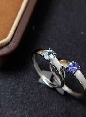 新款戒指s925银镶嵌天然坦桑石海蓝宝宽版男女通用活口简单戒指