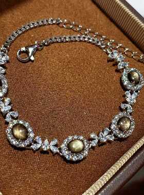 新款手链925银镶嵌天然星光蓝宝石手饰围钻款椭圆4*5精致百搭手链