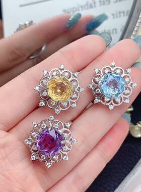 彩宝首饰天然黄水晶戒指925银镶嵌蓝托帕紫水晶玫瑰切10mm活口戒