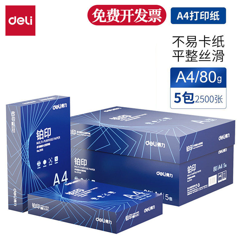 整箱deli得力A4打印纸复印铂印70g白纸a4纸80克5包 2500张