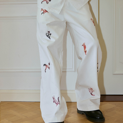 MoodLikeMe「跳舞的猫」满印纯棉休闲裤2025春宽松直筒设计感长裤