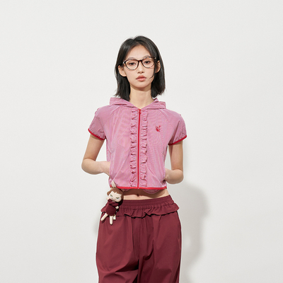 闷与狂FMACM 格纹花边连帽短袖衬衫外套女2025春夏设计感休闲衬衣