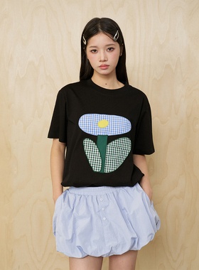MoodLikeMe25ss 花园调色盘格纹花朵贴布绣短袖T恤