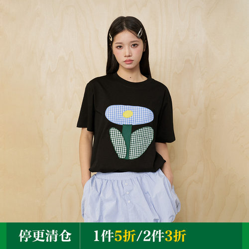 MoodLikeMe25ss 花园调色盘格纹花朵贴布绣短袖T恤