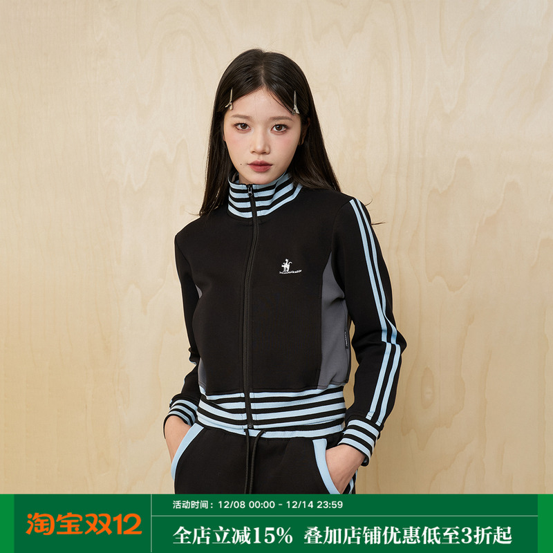 MoodLikeMe「风格运动家」蓝黑拼接刺绣复古运动开衫2025撞色外套