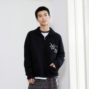 毛衣外套 Me炸毛木木猫提花黑色2024秋简约粗针情侣开衫 Mood Like