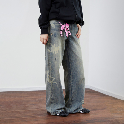 MoodLikeMe 激光烧花洗水猫咪狗狗鸟元素炒色做旧2024秋牛仔长裤