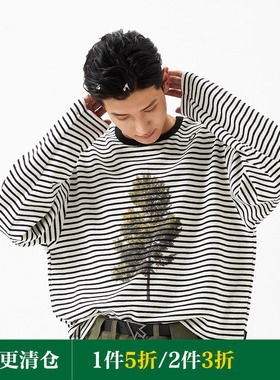 FMACM闷与狂 “一棵树”印花宽松条纹2024秋季情侣毛巾绒长袖T恤