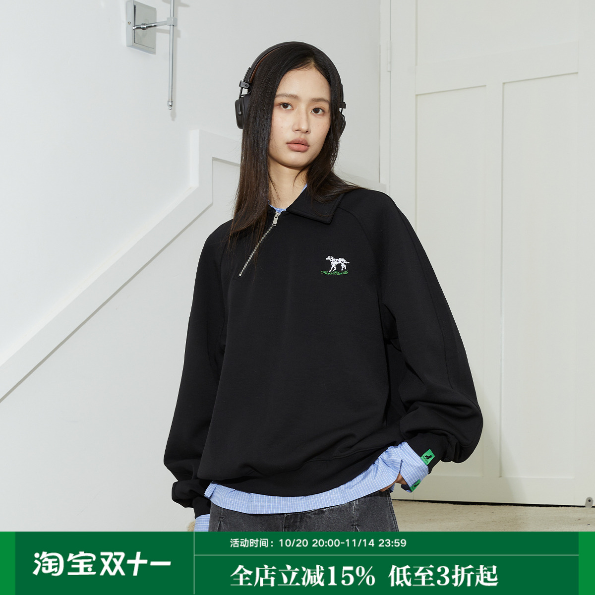 Mood Like Me 斜门襟半开领刺绣斑点狗2024春秋新款polo领卫衣